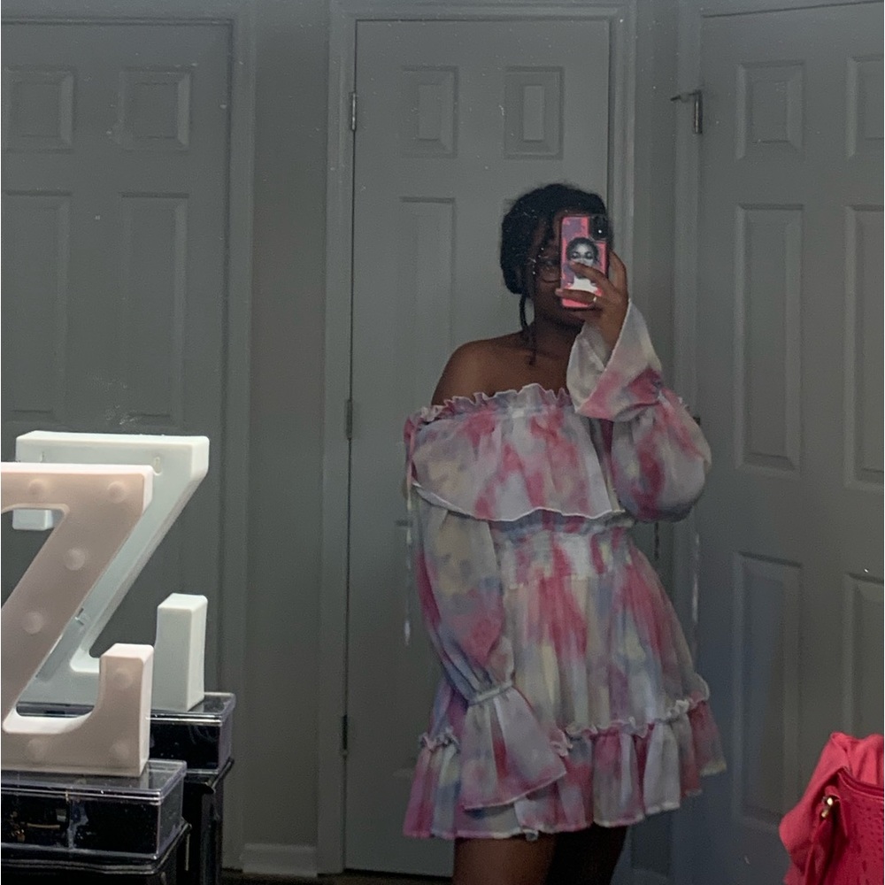 Abstract watercolor fluffy off sleeve dress tulle